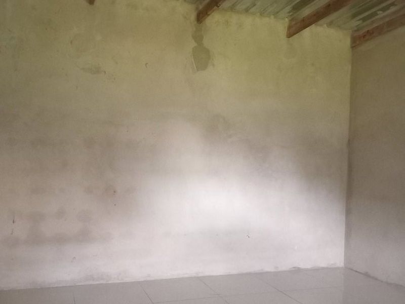 An unfinished interior space featuring tiled flooring and an exposed corrugated metal roof with timber rafters, requiring wall finishing and maintenance.