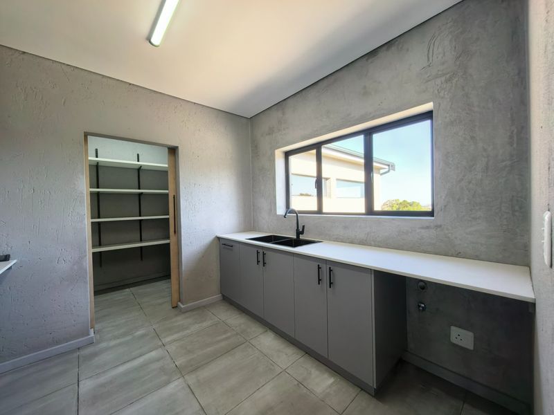 Modern scullery featuring sleek grey cabinetry, a double sink, stone-look countertops, and an adjoining walk-in pantry with ample shelving.