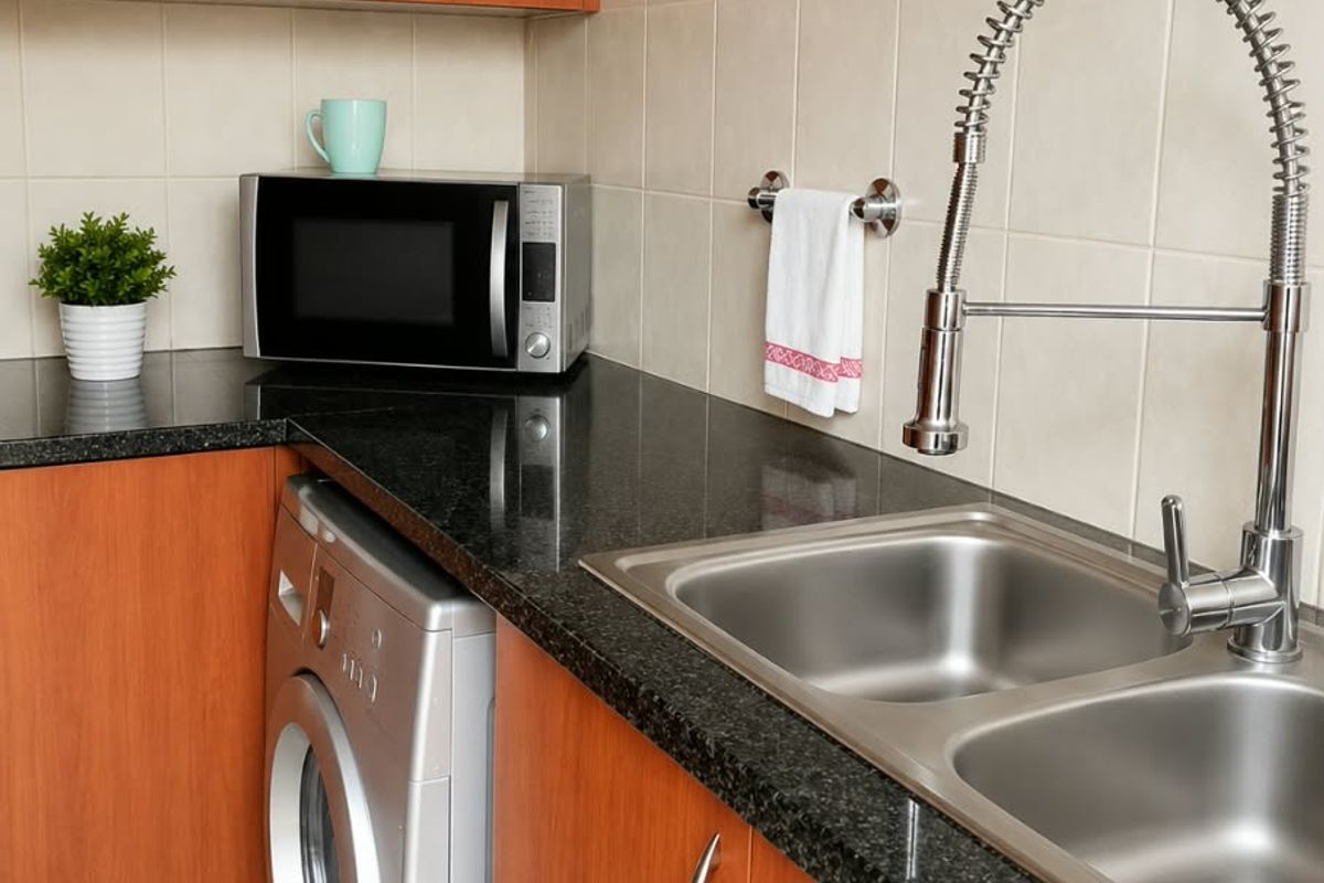 A functional kitchen area featuring wood-finish cabinetry, dark granite countertops, a double stainless steel sink with a modern gooseneck faucet, and tiled backsplash.