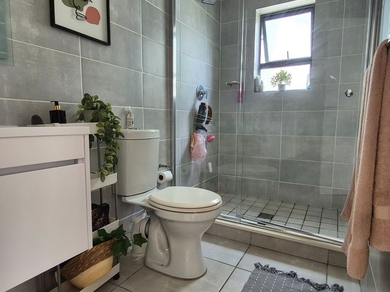 Modern bathroom featuring grey wall tiles, a walk-in glass shower enclosure, a white vanity cabinet, and a standard toilet.