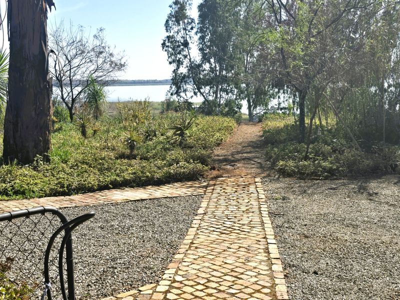 A scenic garden path featuring brick paving leading through mature trees towards a waterfront view.