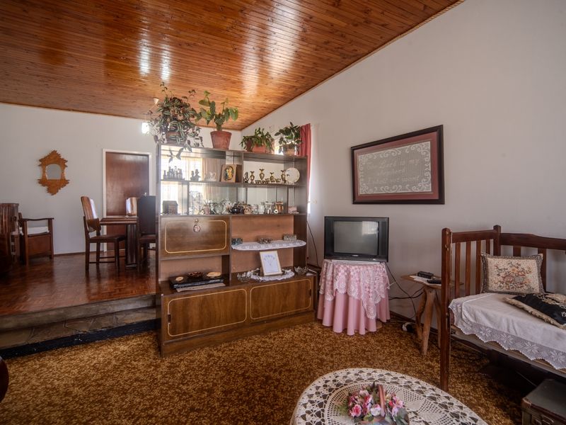 A living room featuring a timber-paneled ceiling, parquet flooring in the dining area, and a raised stone step transition.