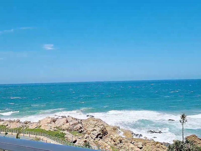 A scenic, elevated view of the ocean coastline featuring rocky shores and crashing waves.