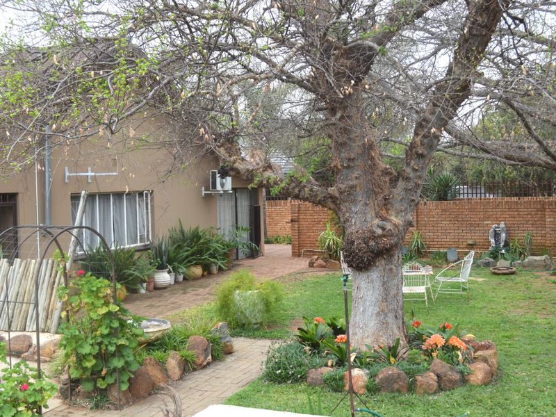 A view of the rear garden featuring a mature tree, paved pathways, and a brick boundary wall, providing a private outdoor space.