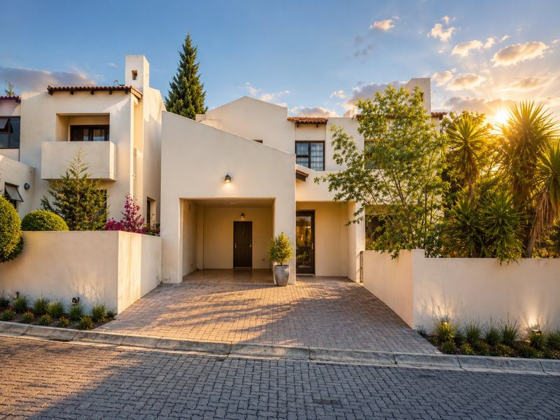 Front elevation of a modern townhouse featuring a paved driveway, covered carport, and well-maintained exterior walls with integrated lighting.