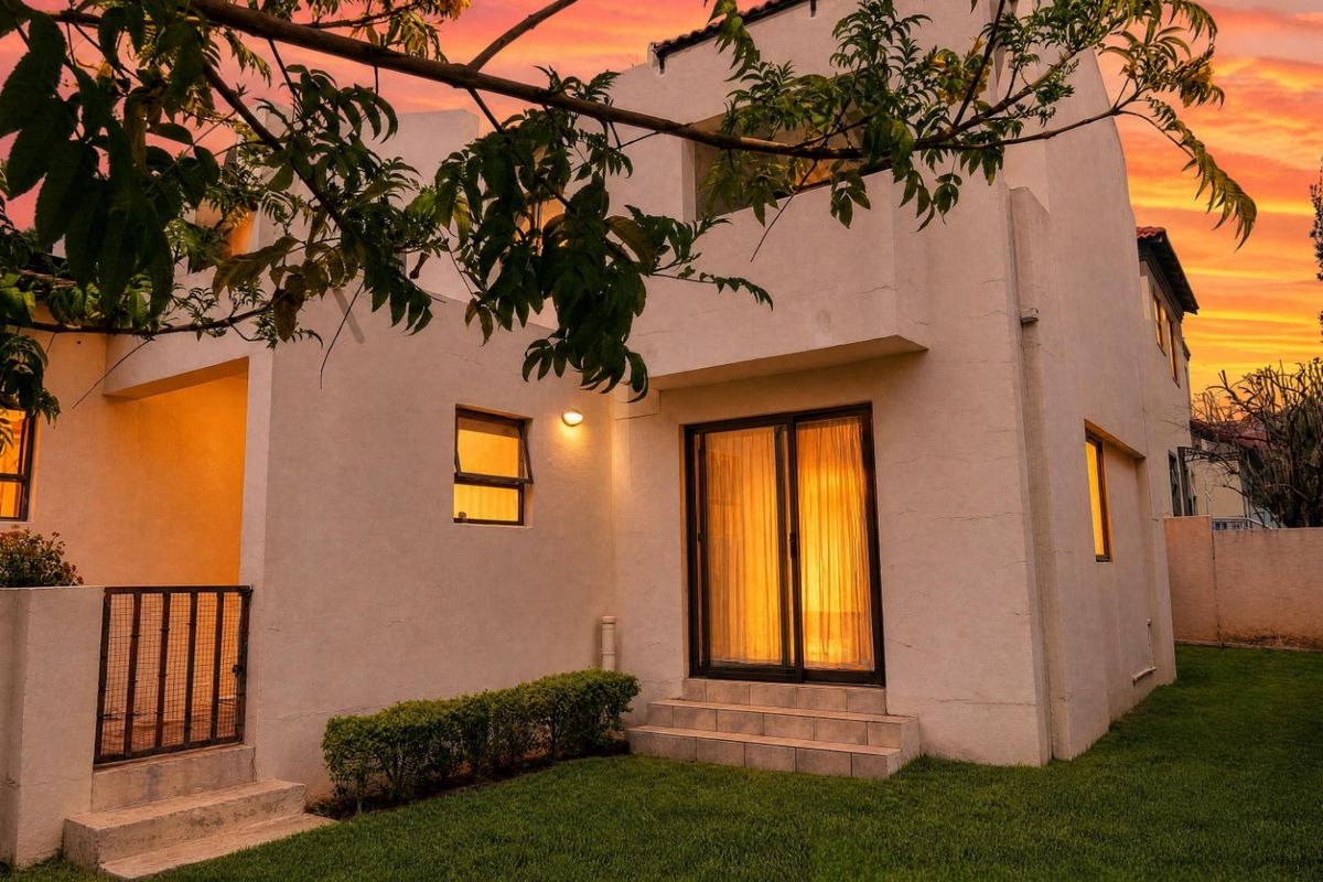 Rear view of the townhouse featuring a private garden, tiled entrance steps, and sliding glass doors leading into the living area.