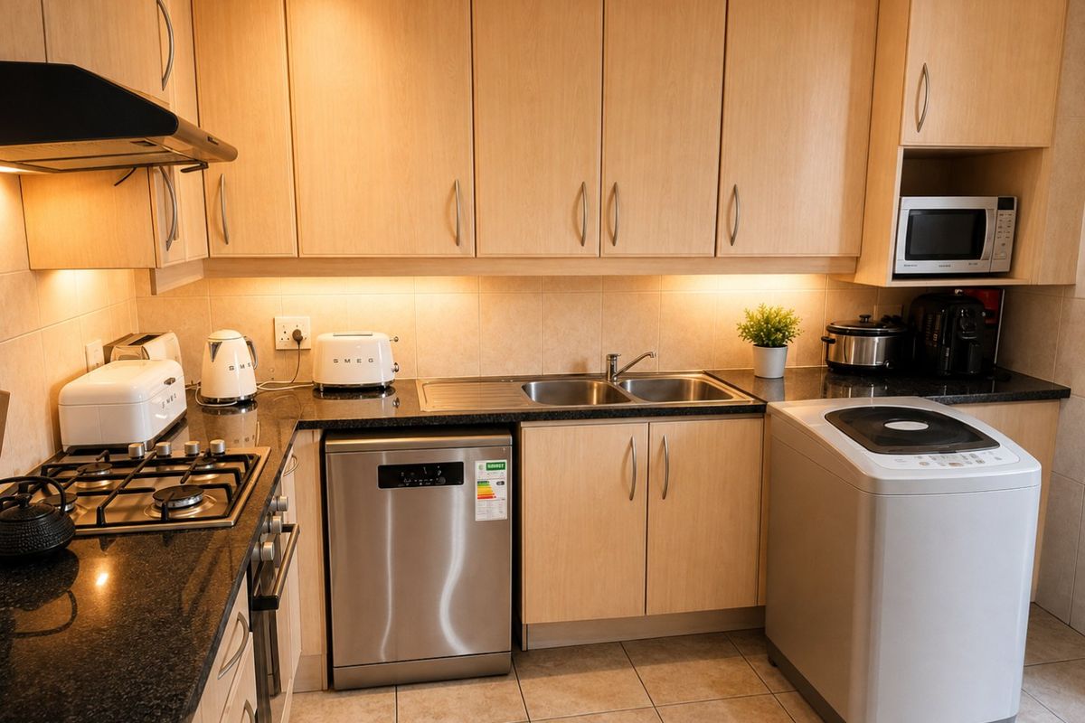 A functional kitchen featuring light wood cabinetry, granite countertops, a gas hob, built-in oven, and integrated space for laundry and dishwashing appliances.