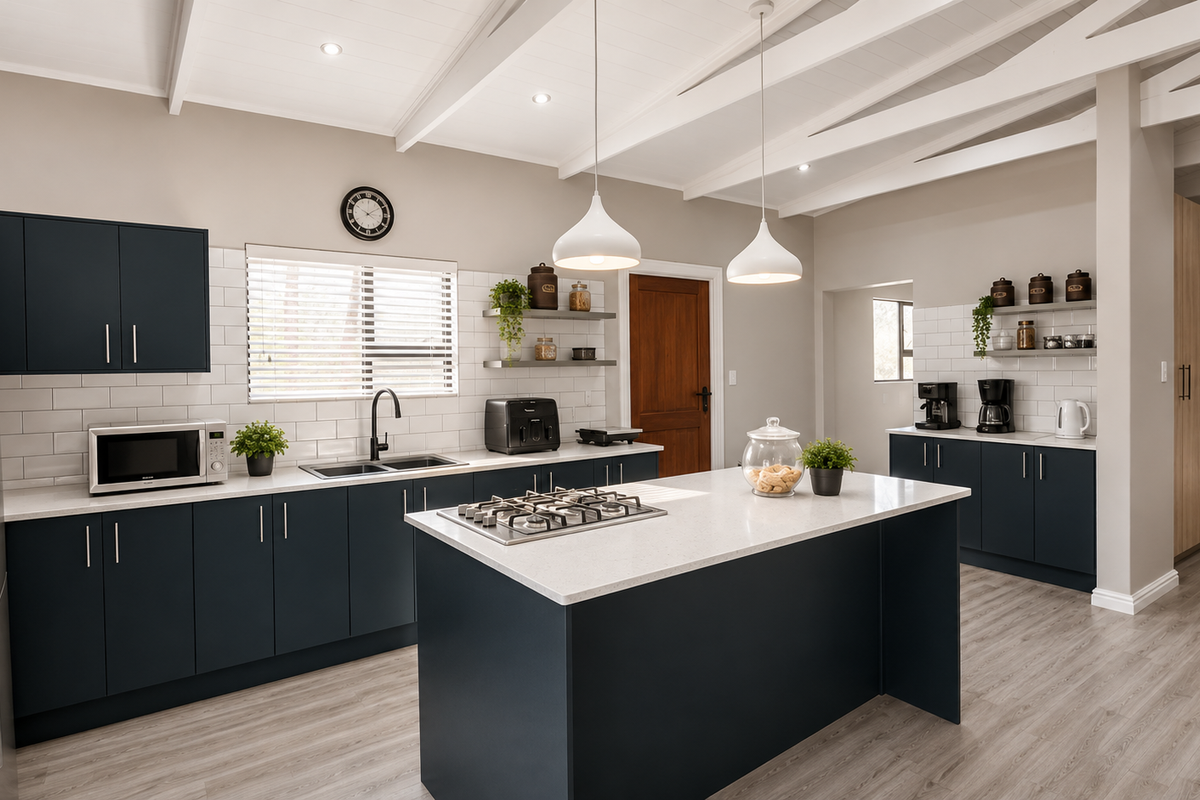 Modern kitchen featuring dark blue cabinetry, a central island with a gas cooktop, quartz countertops, subway tile backsplash, and exposed white ceiling beams.