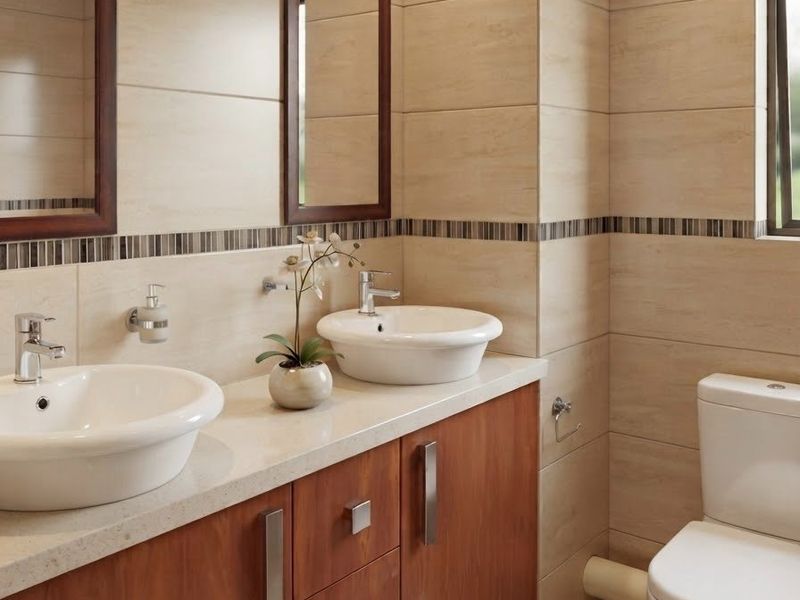 A modern bathroom featuring a double vanity with vessel sinks, stone countertop, wooden cabinetry, and neutral ceramic tiling throughout.