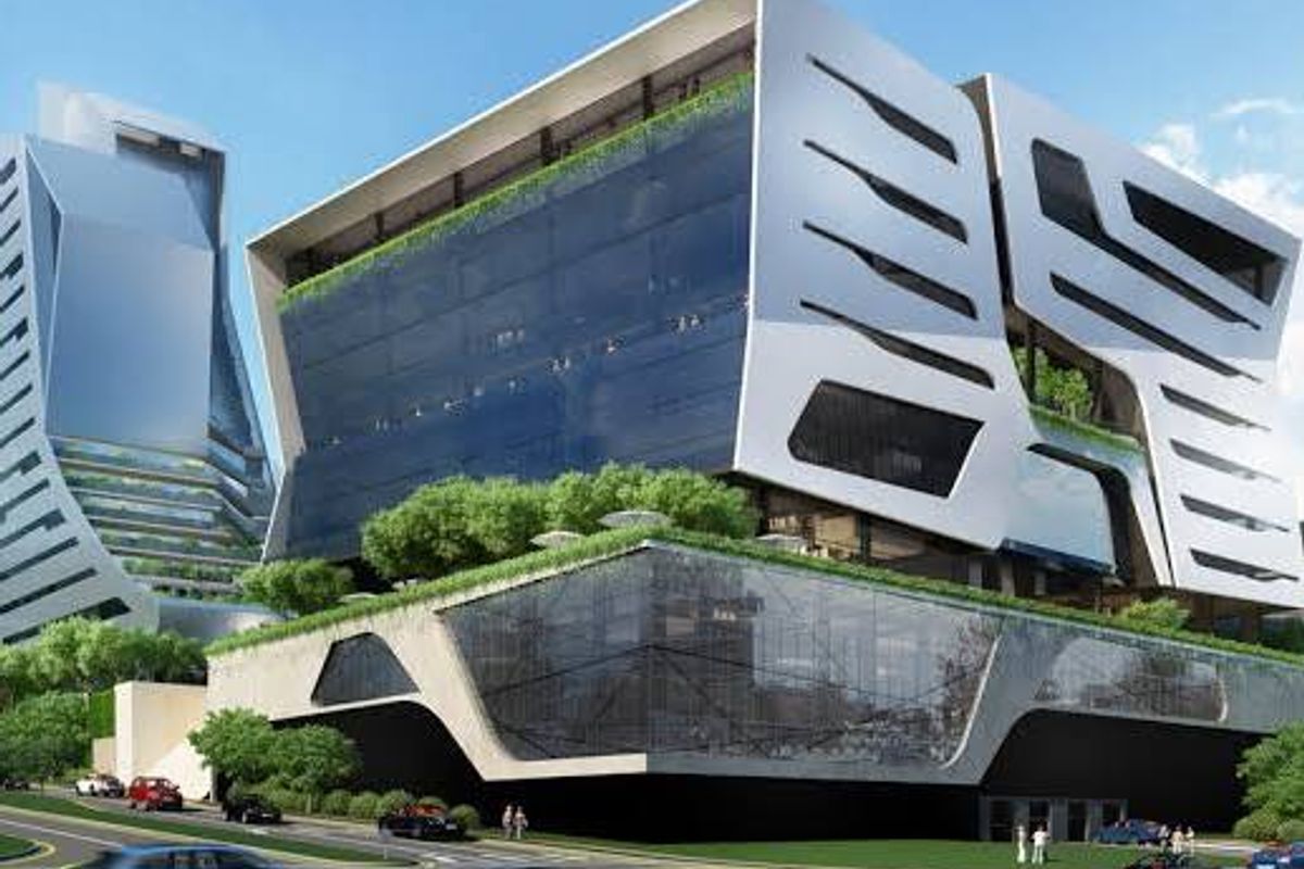 Modern commercial office building featuring a striking contemporary architectural design with extensive glass facades and integrated multi-level green terraces.