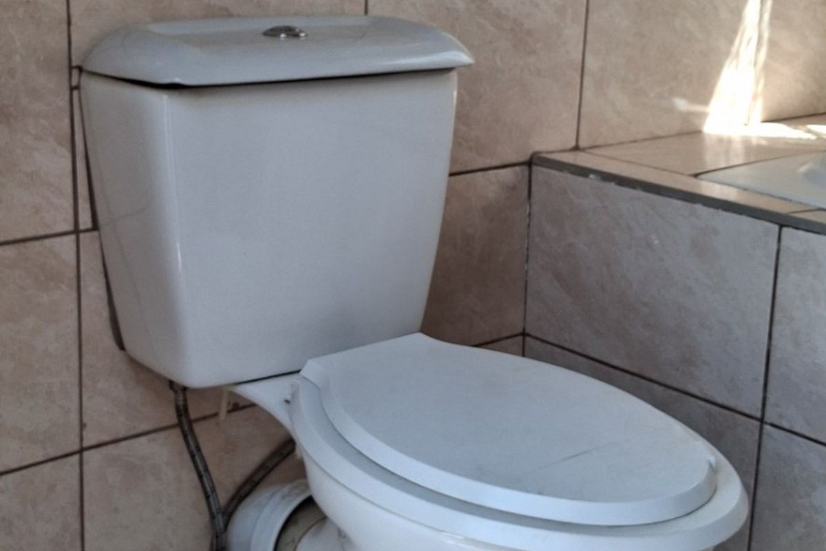 A functional bathroom featuring a standard toilet with ceramic wall and floor tiling and a decorative border.