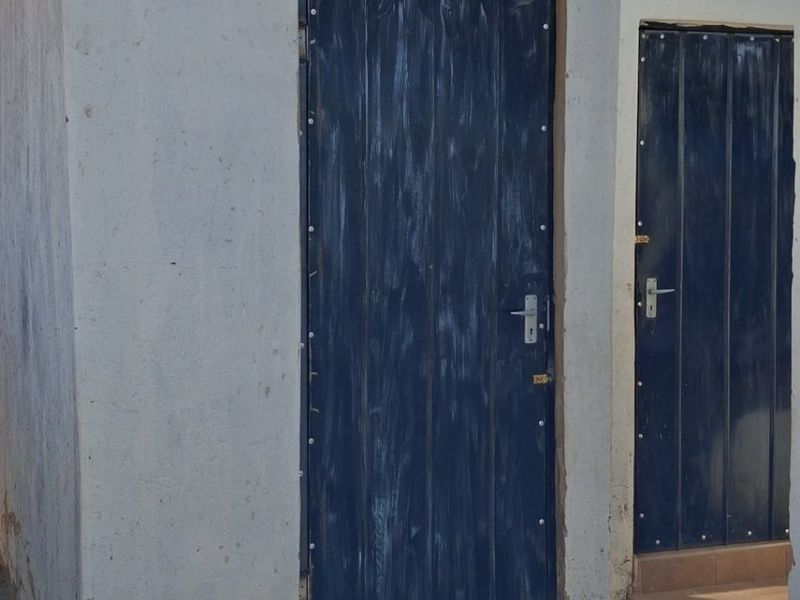 Exterior view of two small utility structures featuring corrugated roofing and dark metal doors with tiled steps on a paved surface.
