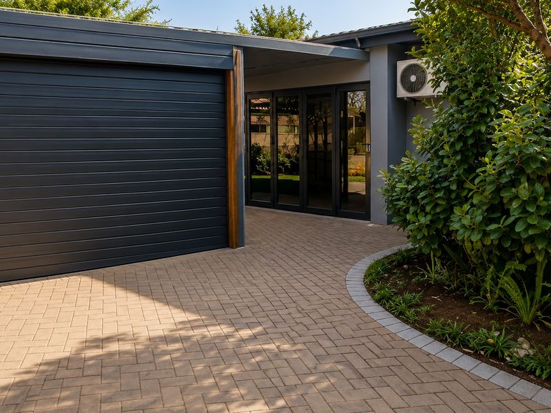 Modern front exterior featuring a paved driveway, automated garage door, and glass sliding door access to the home, complemented by established garden landscaping.