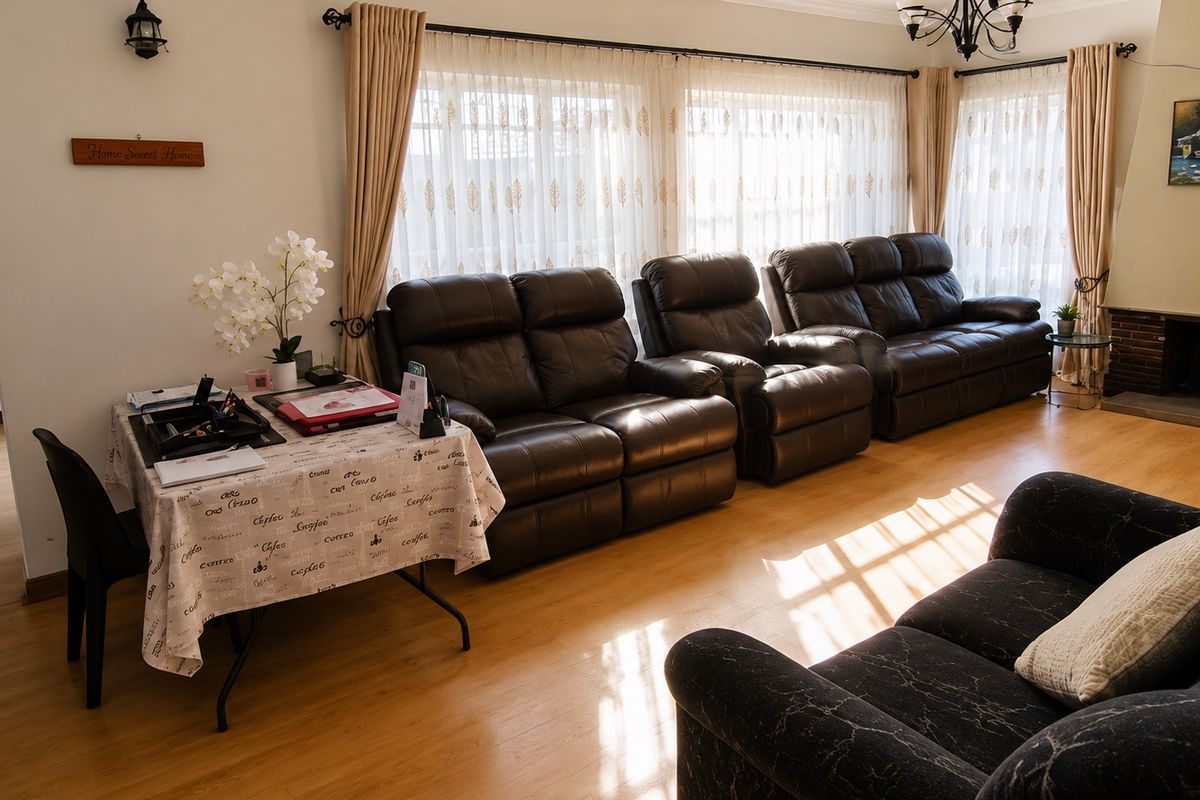 A spacious living room featuring laminate flooring and a brick fireplace, offering a comfortable and functional layout with ample natural light.