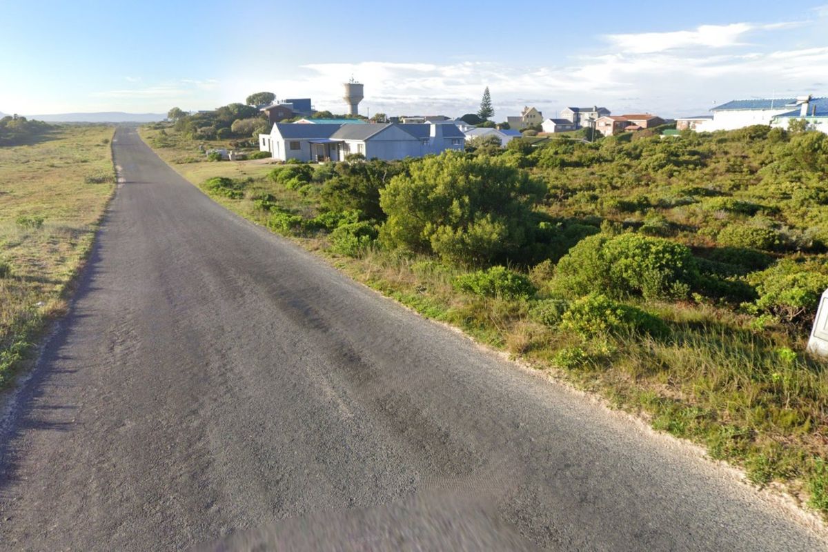 A street view showing an asphalt road leading through a coastal residential area with native vegetation and nearby houses.
