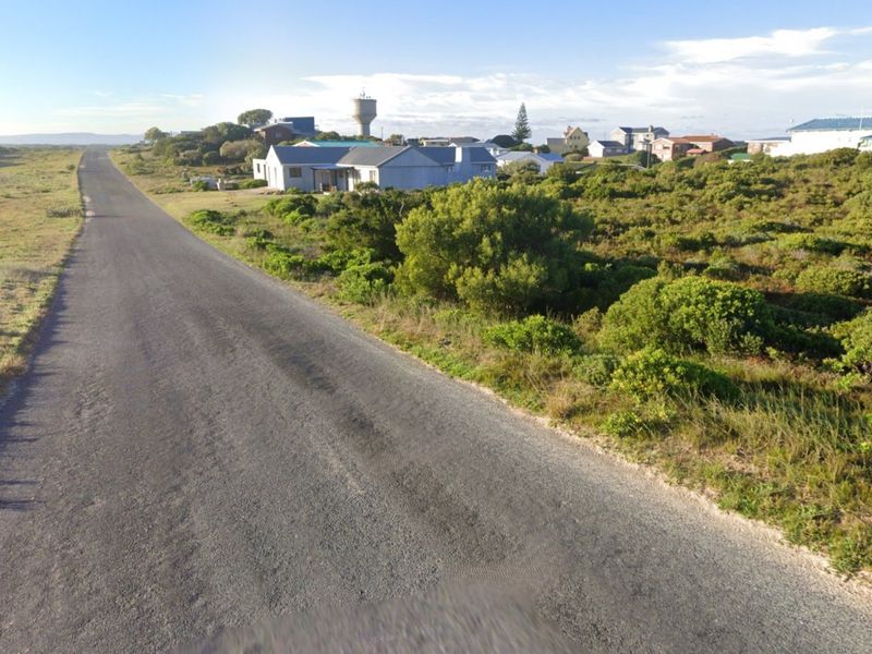 A street view showing an asphalt road leading through a coastal residential area with native vegetation and nearby houses.