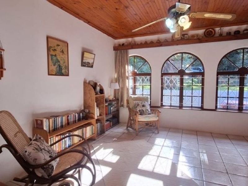 A living room featuring a warm timber ceiling, ceiling fan, and large arched windows that provide natural light and garden views.