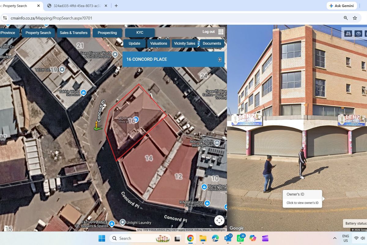 A screenshot showing a commercial property map view alongside a street-level view of a multi-story building with ground-floor retail units.