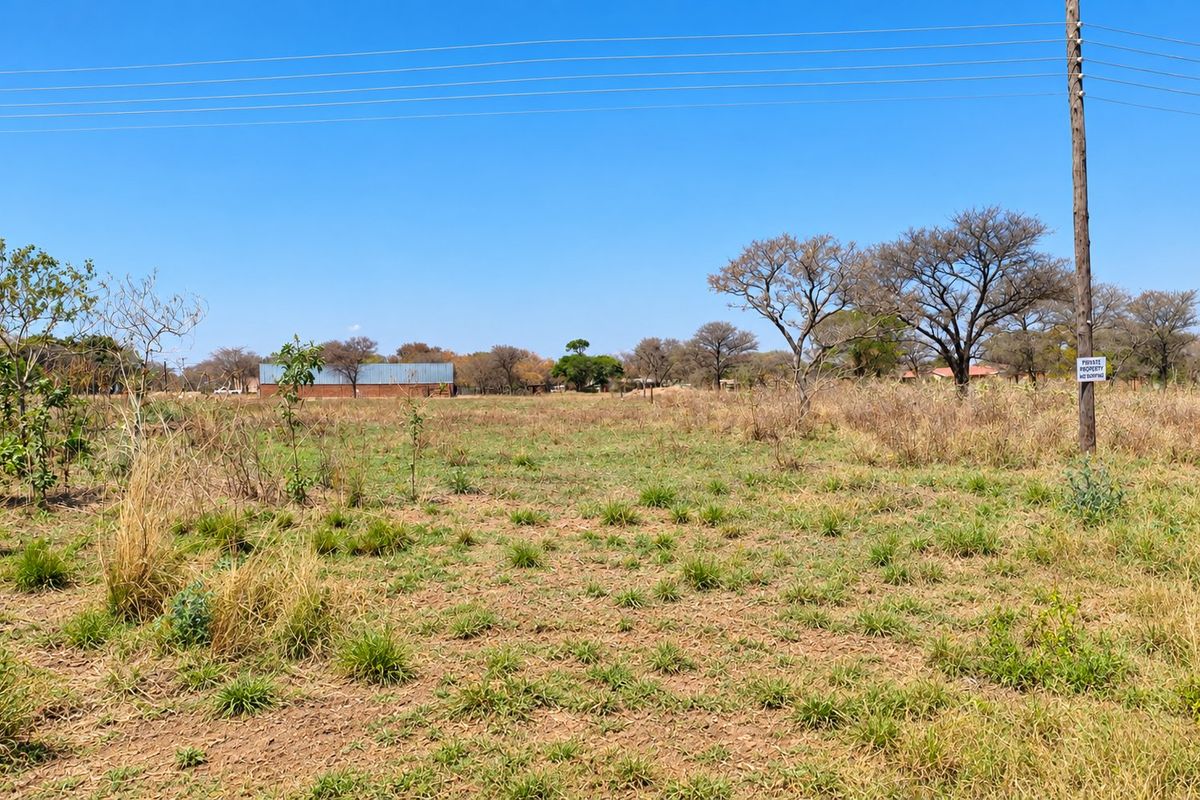 A view of a vacant residential plot featuring natural vegetation, a utility pole, and overhead power lines under a clear blue sky.