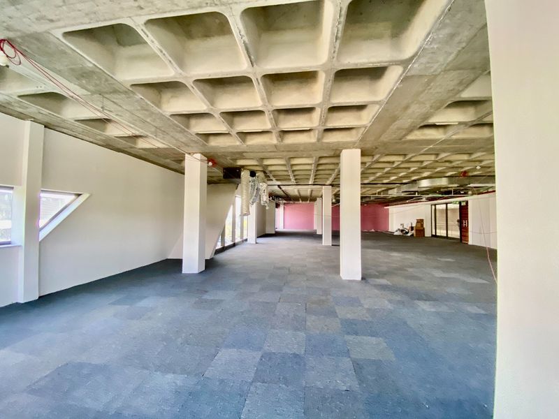 Spacious open-plan commercial office area featuring a distinctive waffle slab concrete ceiling, structural columns, and carpet tile flooring.