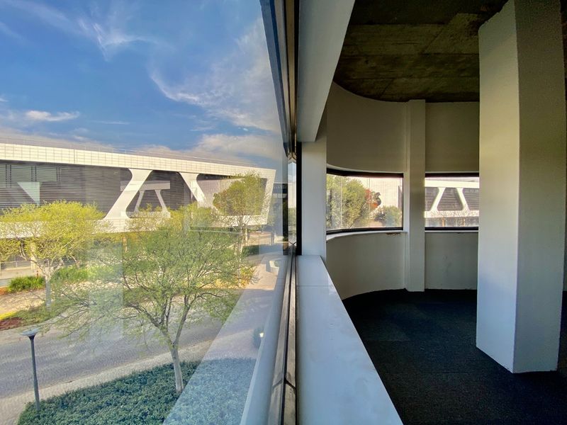 Empty office space featuring large windows with exterior views, exposed concrete ceiling, and carpeted flooring, suitable for a modern commercial workspace.