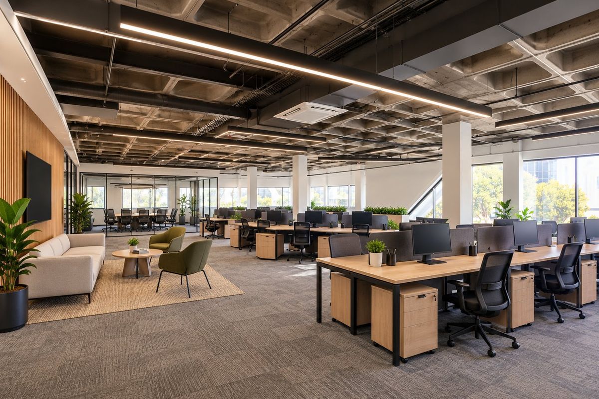 Modern open-plan commercial office space featuring exposed concrete waffle ceilings, linear lighting, carpet tiles, and integrated glass-partitioned meeting areas.
