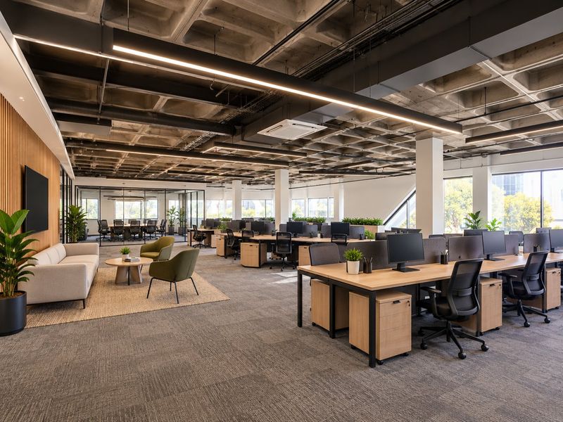Modern open-plan commercial office space featuring exposed concrete waffle ceilings, linear lighting, carpet tiles, and integrated glass-partitioned meeting areas.