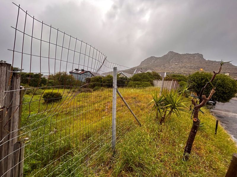 A vacant residential plot featuring overgrown grass and damaged wire mesh perimeter fencing with mountain views in the background.