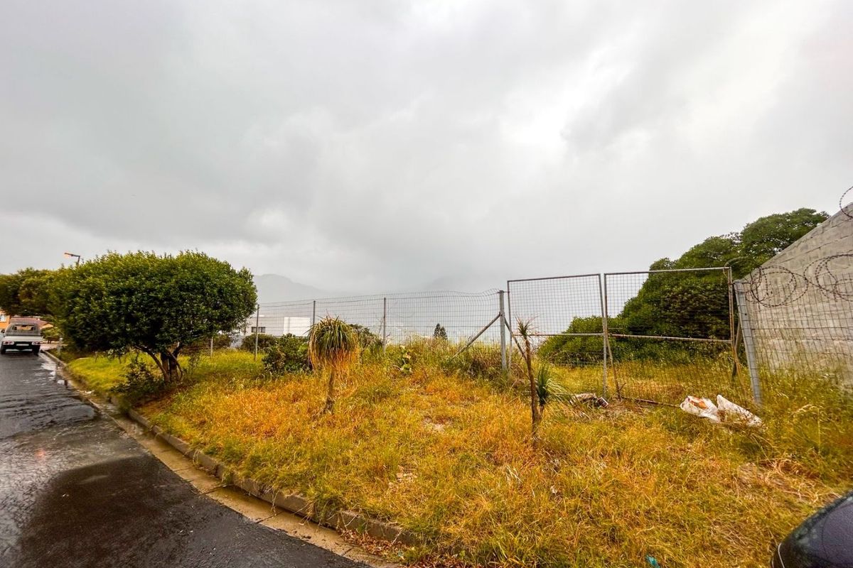 A street-level view of a vacant residential plot featuring wire mesh perimeter fencing and overgrown grass along the asphalt road.