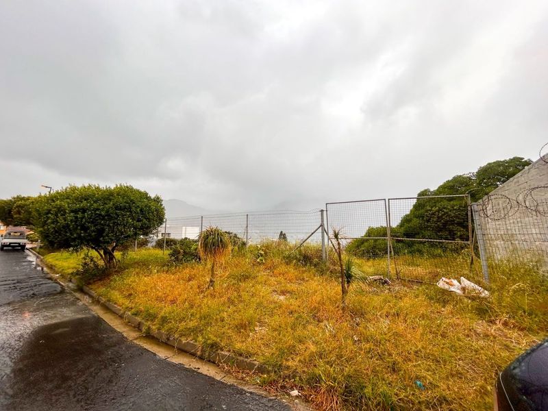 A street-level view of a vacant residential plot featuring wire mesh perimeter fencing and overgrown grass along the asphalt road.