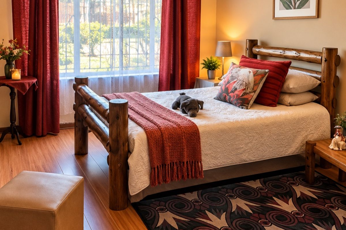 A cozy bedroom featuring warm-toned laminate flooring and a large window that allows for ample natural light.