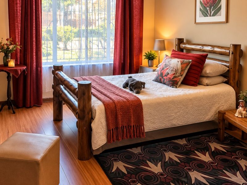 A cozy bedroom featuring warm-toned laminate flooring and a large window that allows for ample natural light.