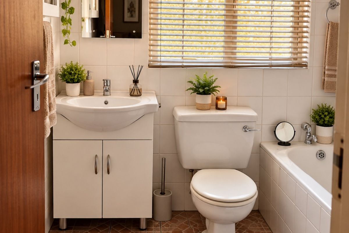 A functional bathroom featuring a vanity cabinet, ceramic basin, toilet, and bathtub with tiled finishes and natural light from a window with blinds.