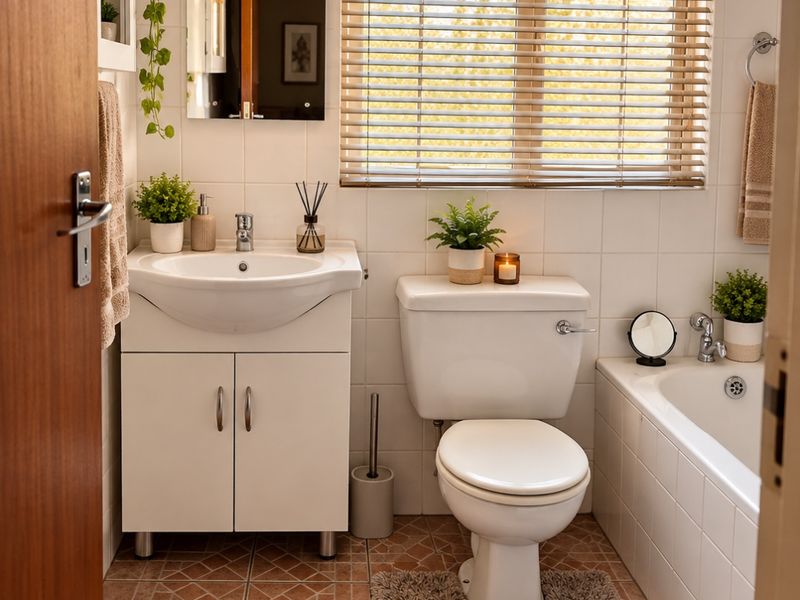 A functional bathroom featuring a vanity cabinet, ceramic basin, toilet, and bathtub with tiled finishes and natural light from a window with blinds.