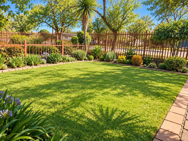 A well-maintained private garden featuring a lush green lawn, established landscaping, and secure metal perimeter fencing.