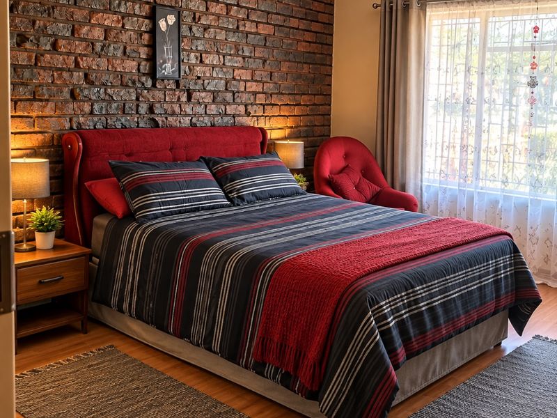 A well-maintained bedroom featuring a striking exposed brick feature wall, laminate flooring, a ceiling fan, and a wall-mounted air conditioning unit.