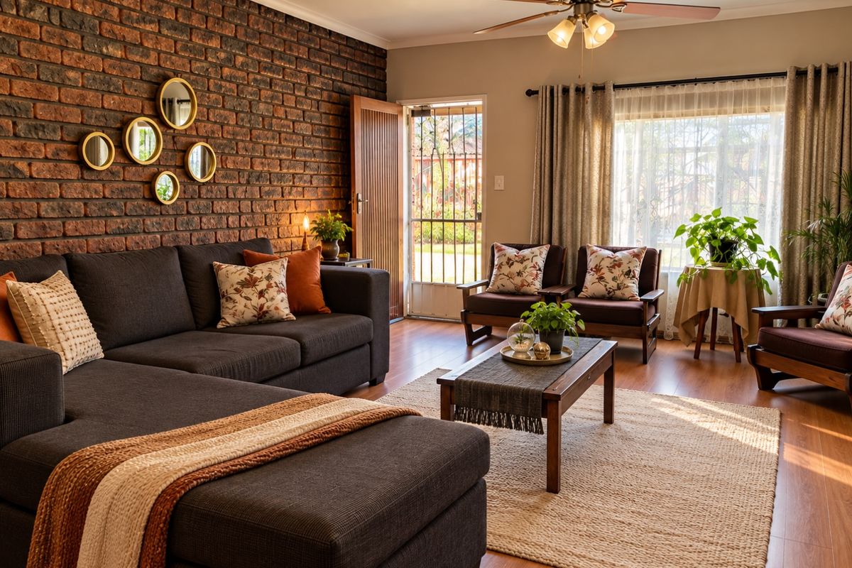 A well-maintained living room featuring a striking exposed brick wall, laminate flooring, and a ceiling fan, with direct access to an outdoor area.