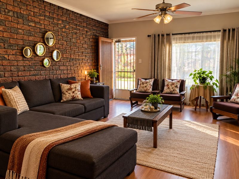 A well-maintained living room featuring a striking exposed brick wall, laminate flooring, and a ceiling fan, with direct access to an outdoor area.