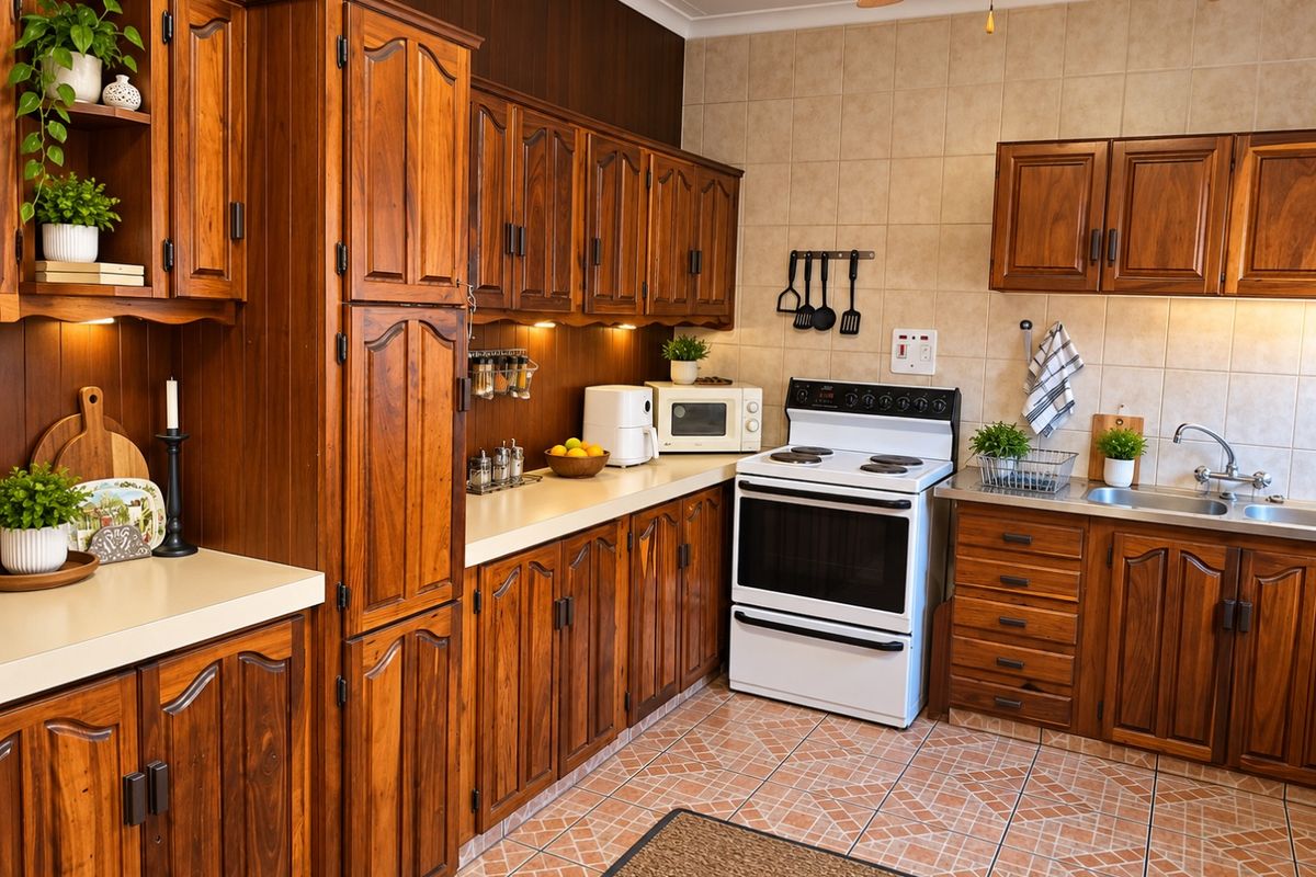 A traditional kitchen featuring warm-toned wooden cabinetry, tiled backsplash, and durable floor tiles, equipped with a freestanding oven and stainless steel sink.