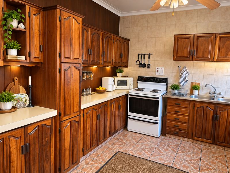 A traditional kitchen featuring warm-toned wooden cabinetry, tiled backsplash, and durable floor tiles, equipped with a freestanding oven and stainless steel sink.