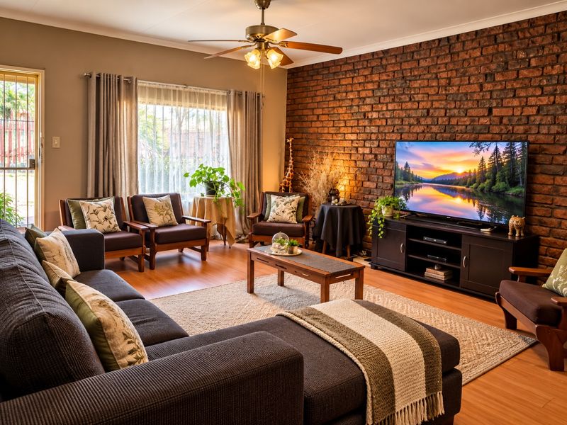 A cozy living room featuring a prominent exposed brick wall, laminate flooring, and a ceiling fan, providing a warm and inviting atmosphere.