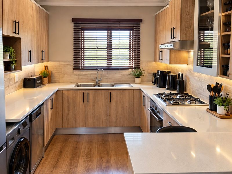 Modern U-shaped kitchen featuring light wood cabinetry, stone countertops, integrated appliances, and warm under-cabinet lighting.