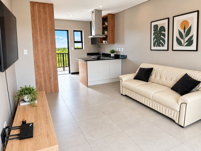 Modern open-plan living area featuring a sleek kitchen with stone countertops, stainless steel extractor, and direct access to a private balcony.