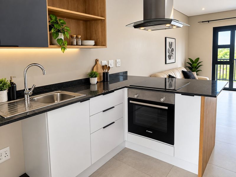 Modern open-plan kitchen featuring sleek white cabinetry, black granite countertops, integrated appliances, and direct access to a balcony.