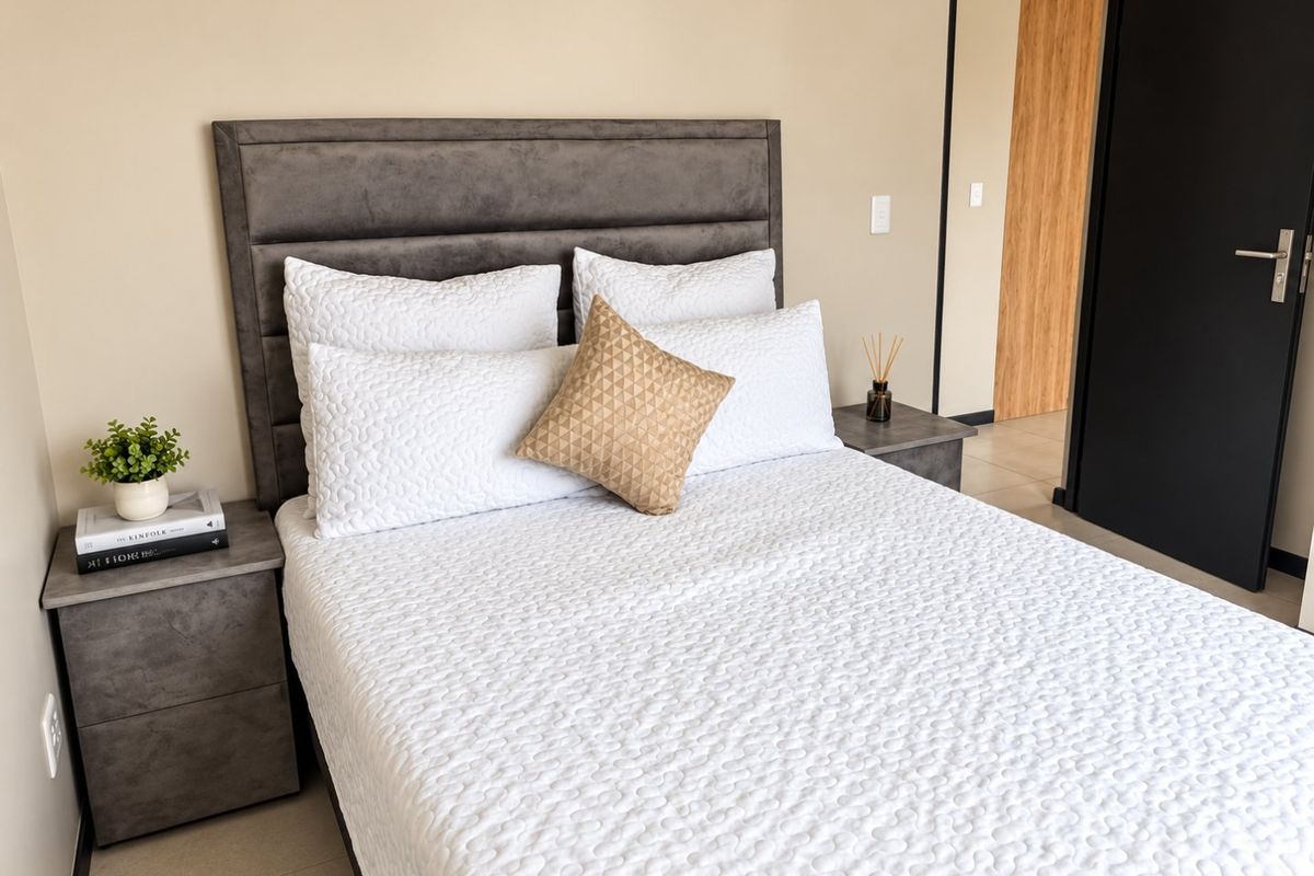 A well-maintained bedroom featuring neutral wall tones, tiled flooring, and a modern dark door leading to an adjacent space.