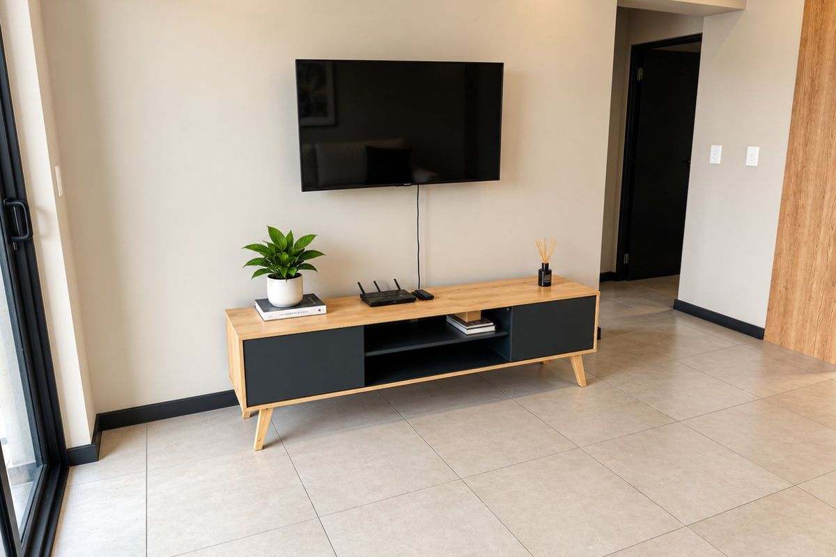 A modern living room featuring neutral tiled flooring, a wall-mounted television, and a sliding glass door providing access to the exterior.