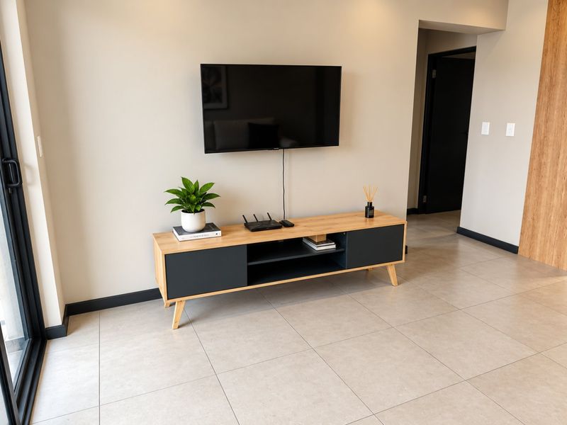 A modern living room featuring neutral tiled flooring, a wall-mounted television, and a sliding glass door providing access to the exterior.
