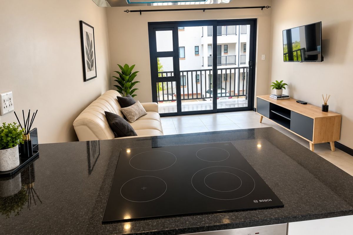 Modern open-plan living area featuring a sleek kitchen with granite countertops, built-in Bosch hob, and direct access to a private balcony through sliding doors.