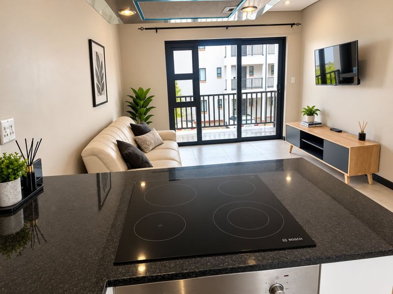 Modern open-plan living area featuring a sleek kitchen with granite countertops, built-in Bosch hob, and direct access to a private balcony through sliding doors.