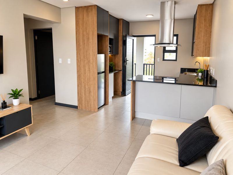 Modern open-plan living area featuring a contemporary kitchen with sleek cabinetry, stone countertops, and high-quality stainless steel appliances, seamlessly flowing into the living space.